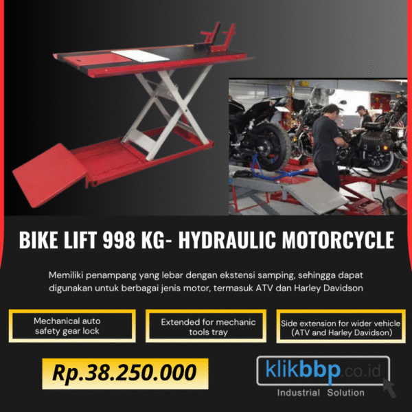 Bike Lift 998KG – Hydraulic Motorcycle Lift dengan Working Tools Tray & Safety Lock