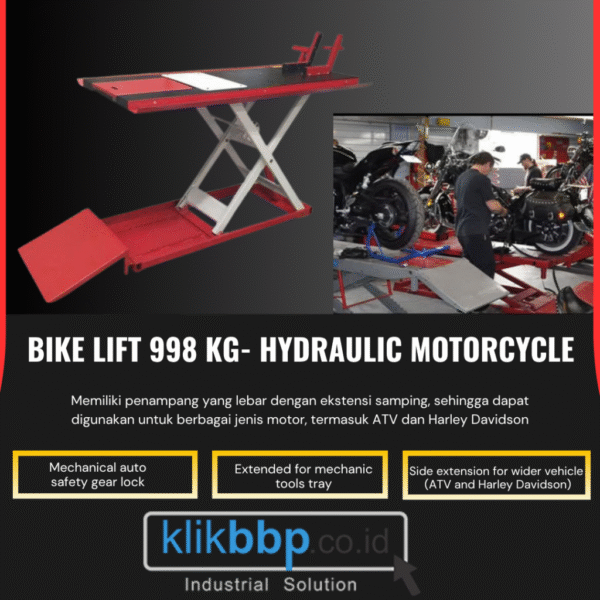 Bike Lift 998KG – Hydraulic Motorcycle Lift dengan Working Tools Tray & Safety Lock